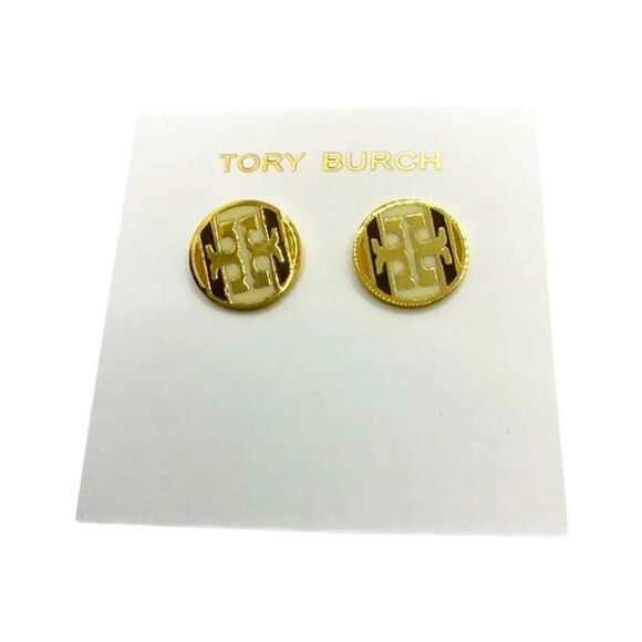 NWOT Tory Burch Gold Logo, Black & White Enamel Round Stud Earrings - Picture 1 of 5